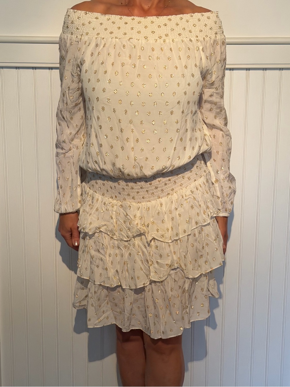 Michael Kors Cream Off-Shoulder Ruffle Midi Dress with Gold Accents
